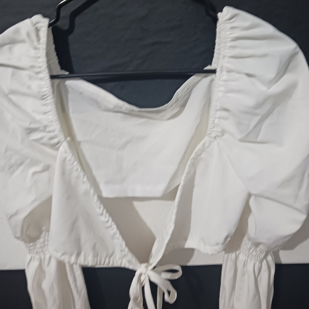 Women sexy white tie puffer elastic long sleeve top - Picture 9 of 16